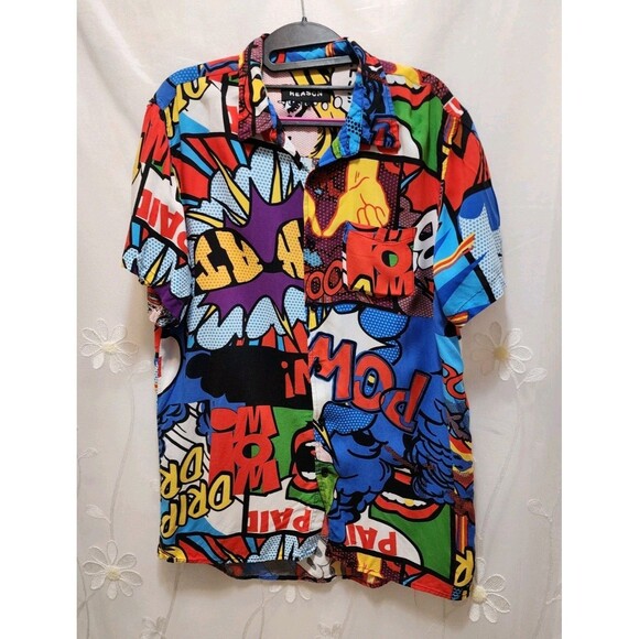 Reason Mens Large Shirt Button Up Pop Art Retro Comic Graphic Wild Colorful Geek - Picture 1 of 14